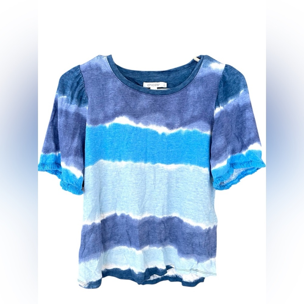 Chicos Shirt Womens Medium Blue Short Sleeve Cool Tie Dye Fringe Tee Linen Top S